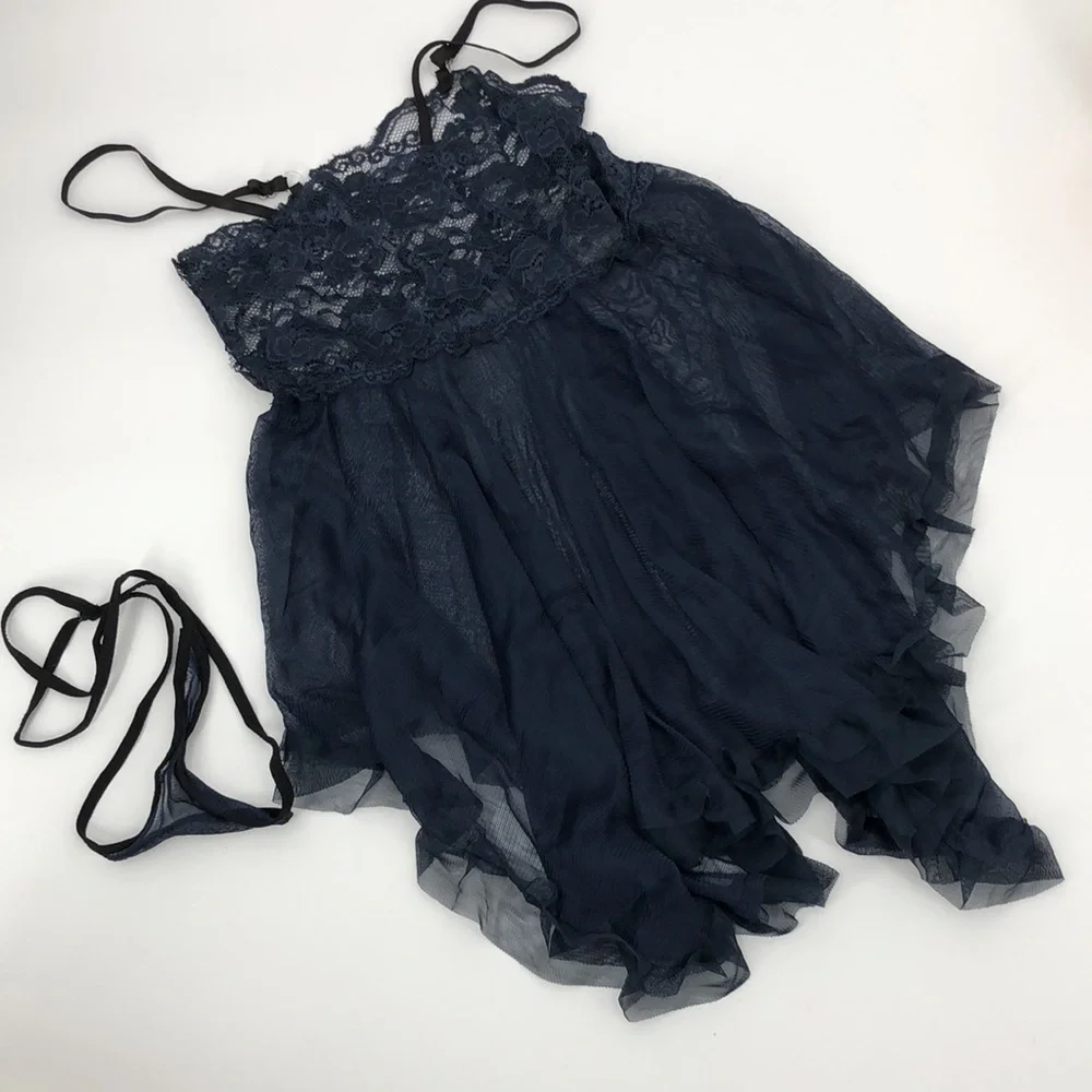 3/$25 Handkerchief Style Babydoll Chemise with Thong Dark Blue and Black Size M